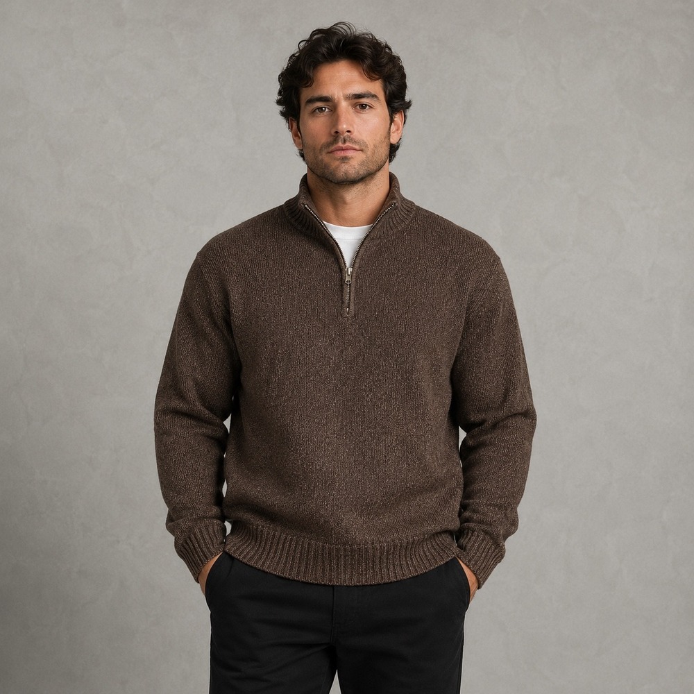 Northcrest Classic Sweater Men XL Brown Cotton 1/4 Zip Pullover Sherpa Mock Neck